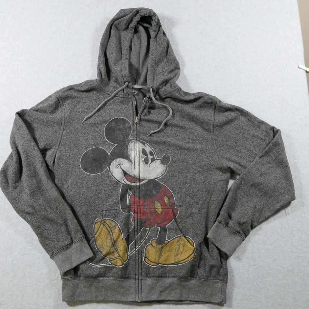 Disney Mickey Mouse Hoodie Men M Gray Full Zip Distressed Graphic Sweatshirt